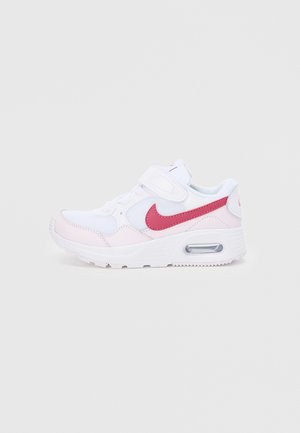 Weiße Nike-Sneaker mit einem pinkfarbenen Swoosh, Mesh- und Leder-Obermaterial, gepolstertem Kragen, Klettverschlussriemen und Air-Dämpfung in der Sohle.