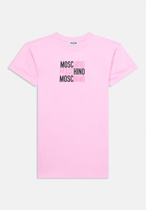 Pink short-sleeve t-shirt with repeated "MOSCHINO" text in black and varying pink shades centered on the front.