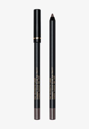 Black eye pencil with a gold accent, featuring a retractable design. The tip is brown with a matte finish. Text on the body is printed in gold.