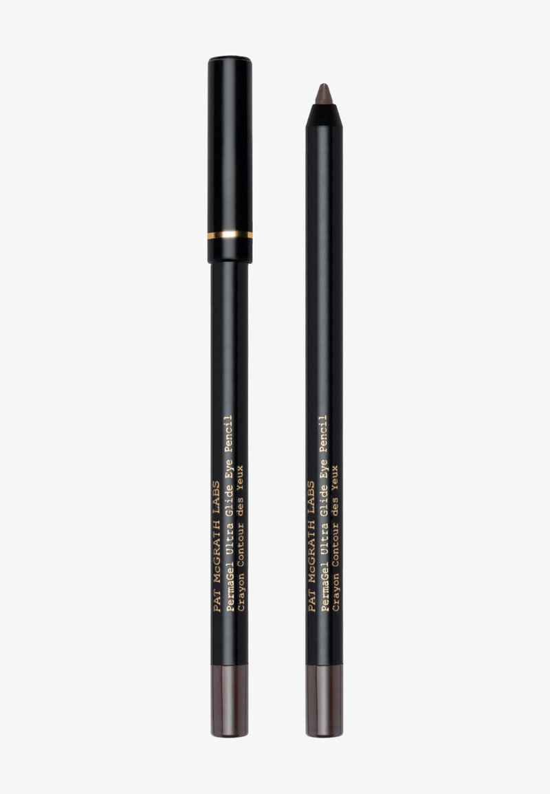 Schwarzer Eyeliner mit goldenen Akzenten, der ein ausziehbares Design hat. Die Mine ist braun mit einem matten Finish. Der Text auf dem Körper ist in Gold gedruckt.