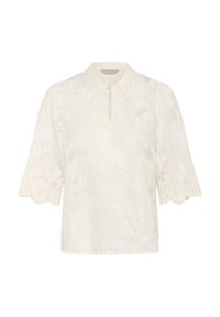 Blusa bianca ricamata con fiori, colletto alla cinese, maniche a sbuffo a tre quarti e chiusura a bottoni con apertura a chiave nel collo. Tessuto texture.