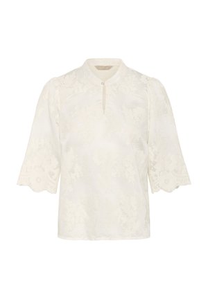 White floral embroidered blouse with a mandarin collar, three-quarter puff sleeves, and a keyhole button closure at the neck. Textured fabric.