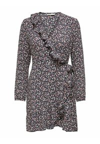 Robe portefeuille fleurie à manches longues ; fond bleu marine avec des fleurs roses et blanches. Encolure à volants et ceinture nouée à la taille.