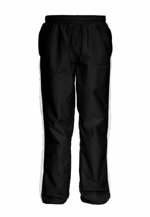 Pantalons de sport légers noirs avec des rayures blanches sur les côtés et une taille élastique. Le matériau semble lisse et brillant, arborant un logo de marque.