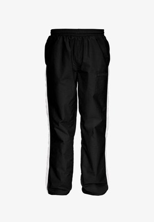 Pantalons de sport légers noirs avec des rayures blanches sur les côtés et une taille élastique. Le matériau semble lisse et brillant, arborant un logo de marque.
