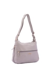 Borsa a tracolla in pelle grigia con una sola tracolla, dotata di una tasca frontale con zip e hardware in tonalità oro. Texture liscia e design casual.