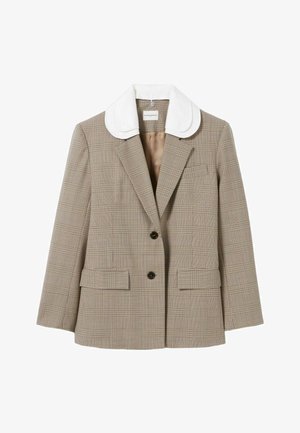 Blazer a quadri beige con colletto rotondo bianco, due tasche frontali e due bottoni. Tessuto testurizzato con un design strutturato.
