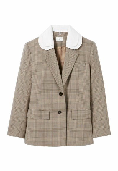 Blazer a quadri beige con colletto rotondo bianco, due tasche frontali e due bottoni. Tessuto testurizzato con un design strutturato.