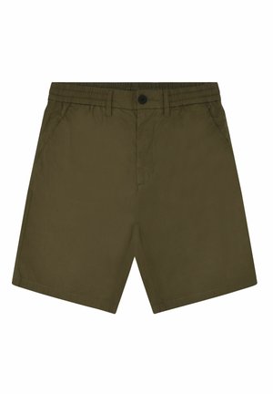 Olivengrønne herreshorts med elastisk linning, frontknaplukning, bæltestropper og sidelommer, vist fladt mod hvid baggrund.
