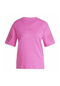 Pink short-sleeve sports t-shirt with crew neck, subtle Adidas logo on chest, and three stripes on each sleeve.