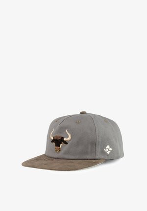 Graue und braune Kappe mit einem gestickten Bullenkopf und einem kleinen rhombusförmigen Logo an der Seite, auf einem weißen Hintergrund präsentiert.