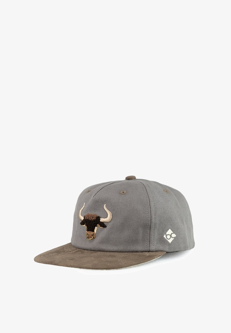 Gray and brown cap with an embroidered bull head and a small diamond-shaped logo on the side, displayed against a white background.
