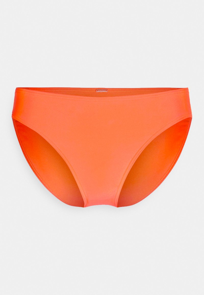 Parte de baixo de biquíni laranja com textura suave, ajuste de altura média e design minimalista. Sem padrões visíveis ou detalhes em metal.