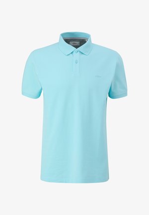 Lichtblauwe poloshirt van katoen, met een knoopsluiting met drie knopen, korte mouwen en een klein logo op de borst.