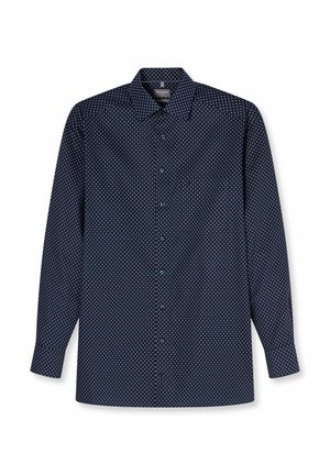 Marineblaue, langärmelige Hemdbluse mit weißem kleinen Diamantmuster, verbreitetem Kragen und geknöpften Manschetten.