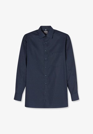 Marineblaue, langärmelige Hemdbluse mit weißem kleinen Diamantmuster, verbreitetem Kragen und geknöpften Manschetten.