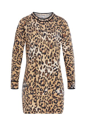 Top a maniche lunghe con motivo leopardato, caratterizzato da un collo rotondo, finiture nere e una vestibilità comoda. Realizzato in materiale morbido con macchie marroni e nere di diverse tonalità.