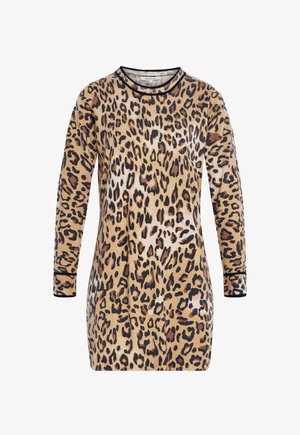 Top a maniche lunghe con motivo leopardato, caratterizzato da un collo rotondo, finiture nere e una vestibilità comoda. Realizzato in materiale morbido con macchie marroni e nere di diverse tonalità.