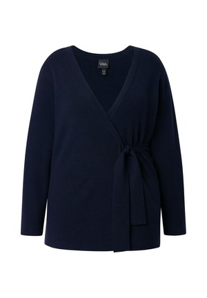 Marineblauwe wikkelcardigan met lange mouwen en een ceintuur aan de rechterkant, voorzien van een V-hals.