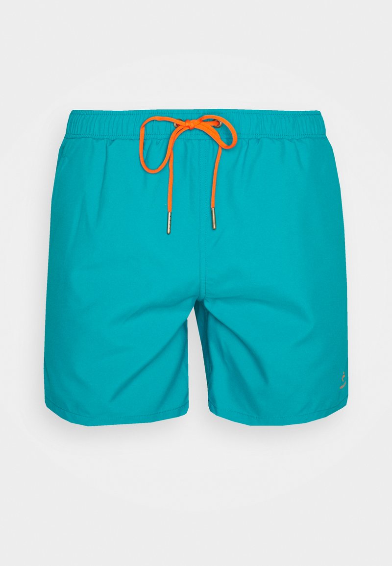 Turquoise swim shorts with elastic waistband and bright orange drawstring tied in a bow at the center front.