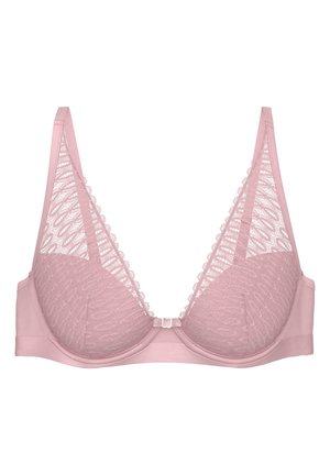 Jasnoróżowy stanik z gładkiej tkaniny, ozdobiony koronką, w kształcie trójkąta. Posiada regulowane ramiączka oraz zapięcie z przodu.