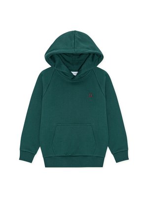 Ciemnozielona bluza z kapturem z przednią kieszenią, ściągaczami przy mankietach i u dołu. Na piersi znajduje się mały, czerwony haft. Miękka tkanina.
