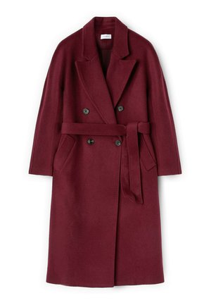 Burgunderfarbener Wollmischungsovercoat mit doppelreihigem Design, breiten Revers, Vordertaschen und passendendem Gürtel. Glatte Textur.