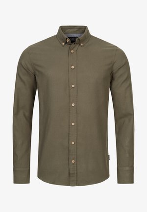 Long-sleeve button-up shirt in olive green fabric. Features a classic collar, brown buttons, and a smooth, soft texture.