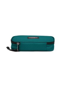 Astuccio rettangolare color turchese con chiusura a cerniera, realizzato in tessuto resistente. Presenta un piccolo tag decorativo sulla parte superiore. Superficie testurizzata.