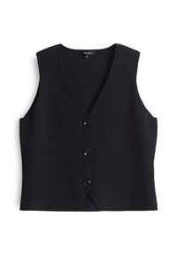 Černá bezrukávová vesta vyrobená z měkkého materiálu, s výstřihem do v a čtyřmi knoflíky vpředu, s rovnými lemy a bez vzorů.