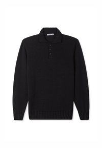 Pullover nero a maniche lunghe con colletto a coste, placca con tre bottoni e orlo a coste. Realizzato in materiale testurizzato. Taglia XL.