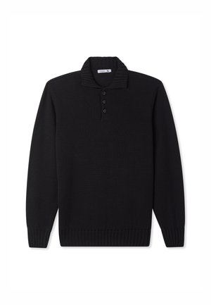 Pullover nero a maniche lunghe con colletto a coste, placca con tre bottoni e orlo a coste. Realizzato in materiale testurizzato. Taglia XL.