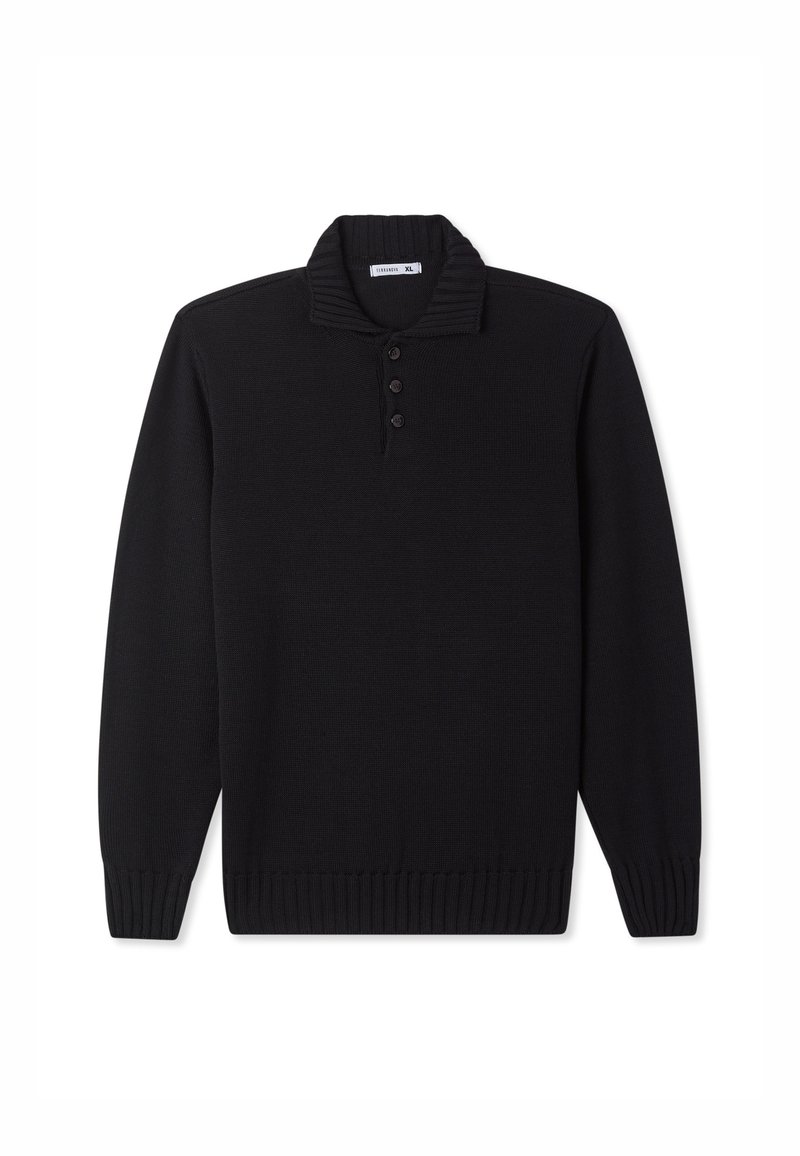 Pullover nero a maniche lunghe con colletto a coste, placca con tre bottoni e orlo a coste. Realizzato in materiale testurizzato. Taglia XL.