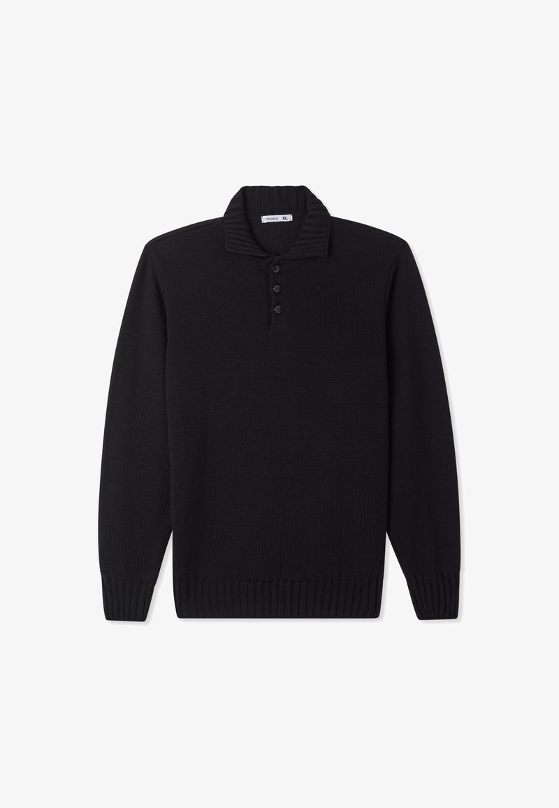 Pullover nero a maniche lunghe con colletto a coste, placca con tre bottoni e orlo a coste. Realizzato in materiale testurizzato. Taglia XL.