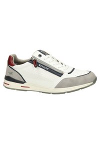 Białe sneakersy z perforowaną teksturą, szarymi akcentami z zamszu i granatowym paskiem. Posiadają zamek błyskawiczny z boku oraz logo na języku. Gumowa podeszwa.