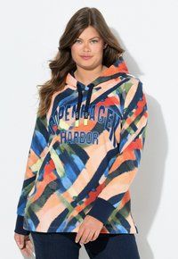 Felpa con cappuccio con un motivo astratto colorato in tonalità di blu, arancione, verde e rosso. Presenta polsini a coste e un logo grafico.