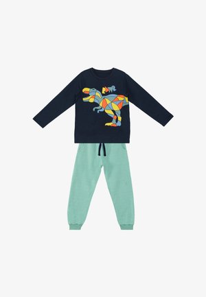 Langärmeliges, marineblaues Hemd mit buntem, geometrischem Dinosaurier-Print, kombiniert mit hellgrünen, mit Kordelzug versehenen Hosen für Kinder.