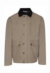 Beige jas met een zwart corduroy kraag, drukknopen, twee voorzakken en een ritszak op de linkerborst. Zachte textuur.