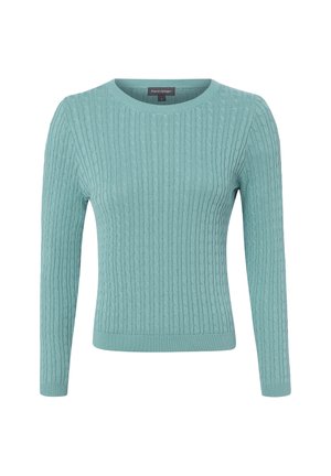 Pull bleu clair en maille torsadée à manches longues, col rond, poignets et bas côtelés, présenté sur fond blanc.