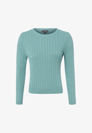 Pull bleu clair en maille torsadée à manches longues, col rond, poignets et bas côtelés, présenté sur fond blanc.