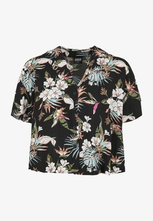 Schwarzes Kurzarmhemd mit floralem Druck, das tropische Blätter und Blumen in Rosa, Weiß und Türkis zeigt; mit Knöpfen und umschlagenem Kragen.