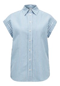 Chemise bleu clair à manches courtes avec rayures verticales blanches, dotée d'un col, de cinq boutons, et d'une coupe décontractée.