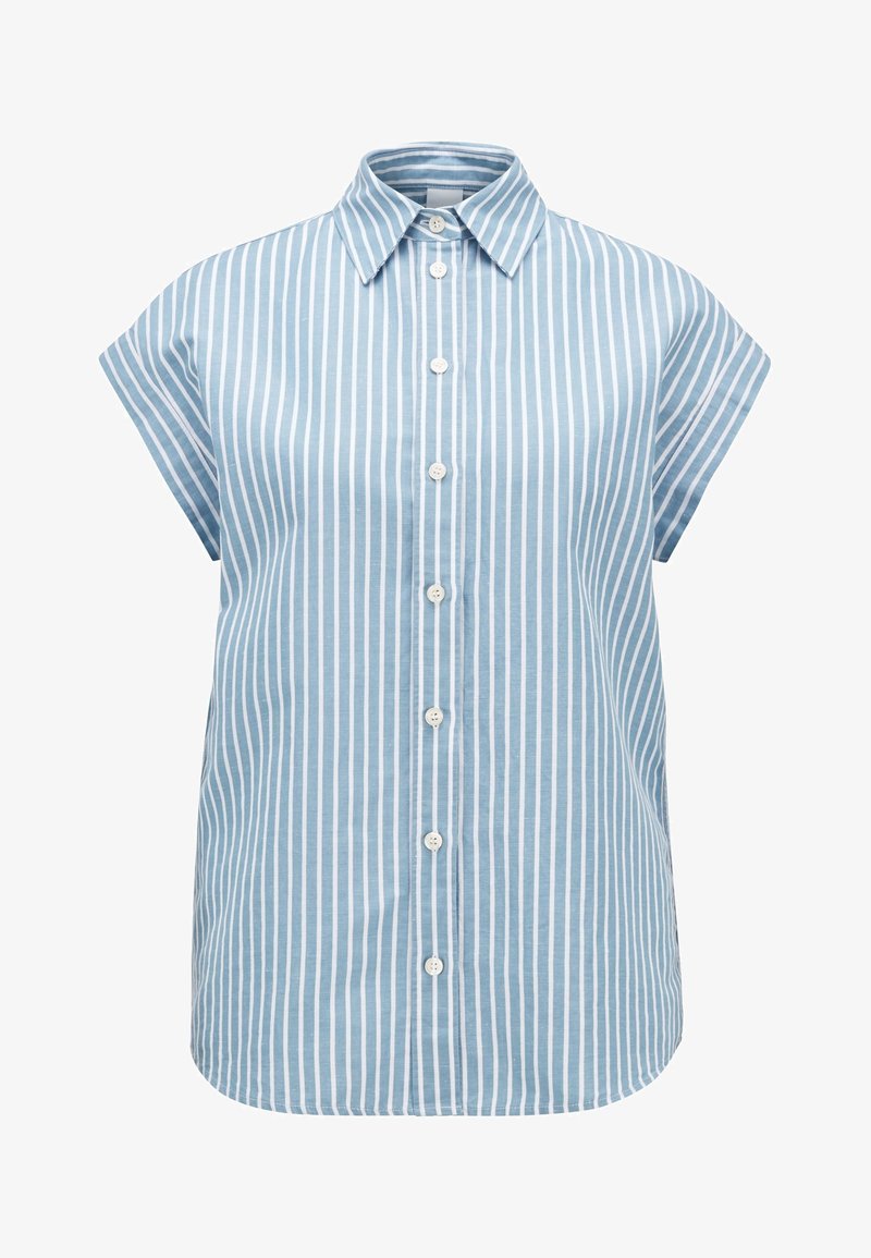 Chemise bleu clair à manches courtes avec rayures verticales blanches, dotée d'un col, de cinq boutons, et d'une coupe décontractée.