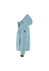 Lichtblauwe gewatteerde winterjas met een vaste capuchon, rits- en drukknoopsluiting, en een logopatch op de bovenarm.