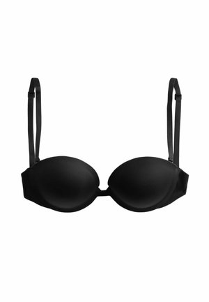 Reggiseno nero imbottito con spalline regolabili e supporto con ferretto, mostrato su uno sfondo bianco neutro.