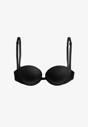 Reggiseno nero imbottito con spalline regolabili e supporto con ferretto, mostrato su uno sfondo bianco neutro.