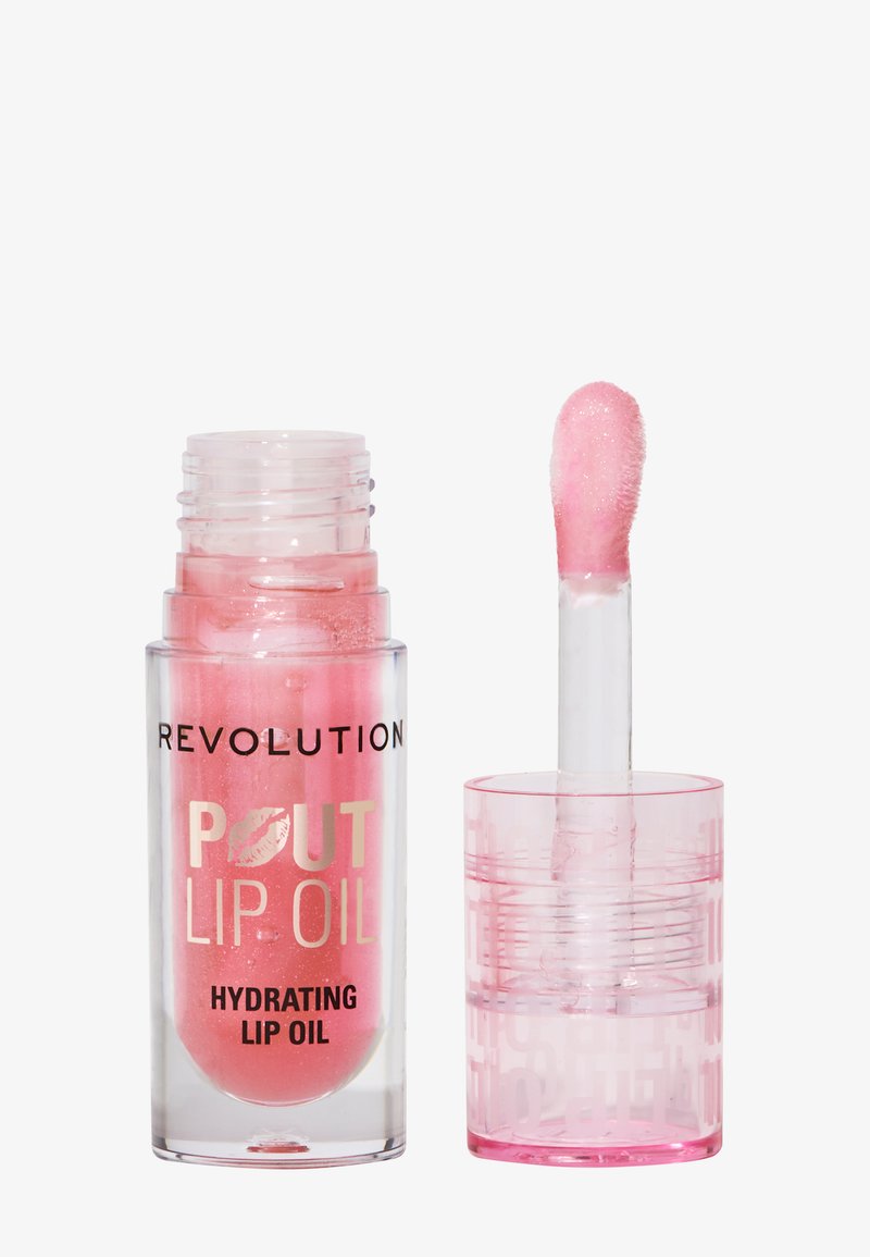 Fuktighetsgivende leppeolje i en gjennomsiktig glassrør med rosa væske og en fluffy applikator, med svart og gull tekst.