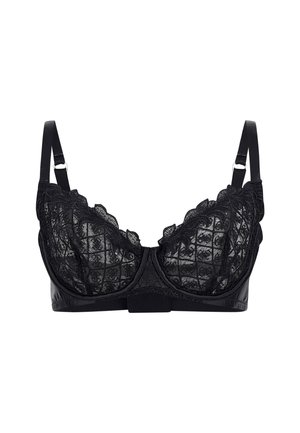 Black lace bra featuring scalloped edges, a diamond-patterned design, and a smooth black band. Adjustable straps and a hook closure are included.