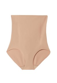Hoog getailleerde naadloze slip in huidskleur, gemaakt van een gladde stof; heeft een eenvoudig ontwerp zonder zichtbare naden of patronen.