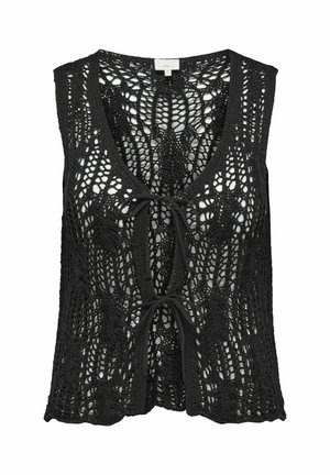 Black knitted vest with a deep V-neck, open front, and decorative ties. Features an intricate, open lace pattern throughout.
